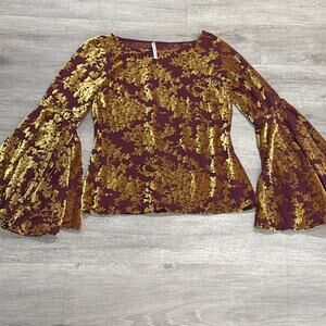 Amanda Uprichard Floral Demure Velvet Burnout Burgundy Red & Yellow Top Large